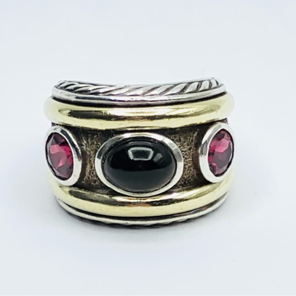 David Yurman Renaissance Ring With Black Onyx, Rhodolite Garnet and Gold